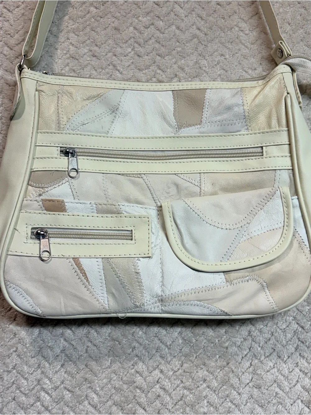 Vintage Patchwork Lambskin Leather Crossbody Bag Cream Beige Boho Y2K 90s